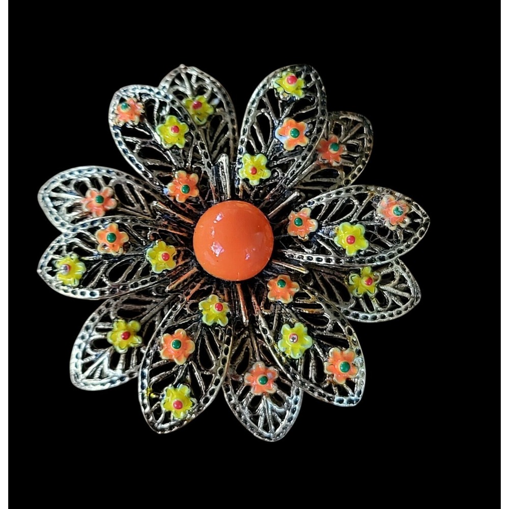 Arthur Pepper Flower Power Boho Vintage Brooch 1960s Orange Yellow Enamel